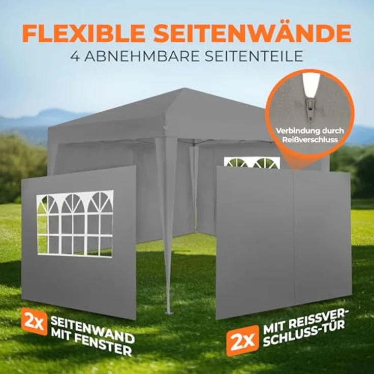 Kronenburg Faltpavillon wasserdicht Dachmaß 3x3 m UV Schutz 50+ Pavillon in Grau mit 4 Seitenteilen – Bild 7