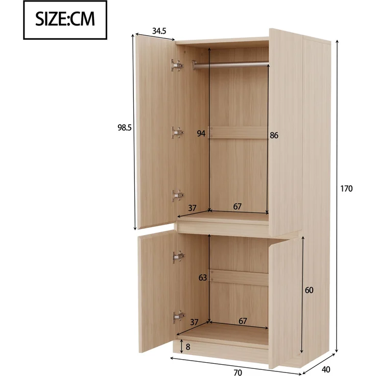 CHICFURN Kleiderschrank 70x170x40 cm aus Holz mit Doppeltüren – Stauraum auf zwei Ebenen Naturholz – Bild 8