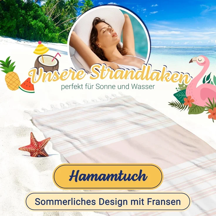 ZOLLNER Hamamtuch mit Fransen, Baumwolle, 90x170 cm, beige-weiß-gestreift – Bild 3