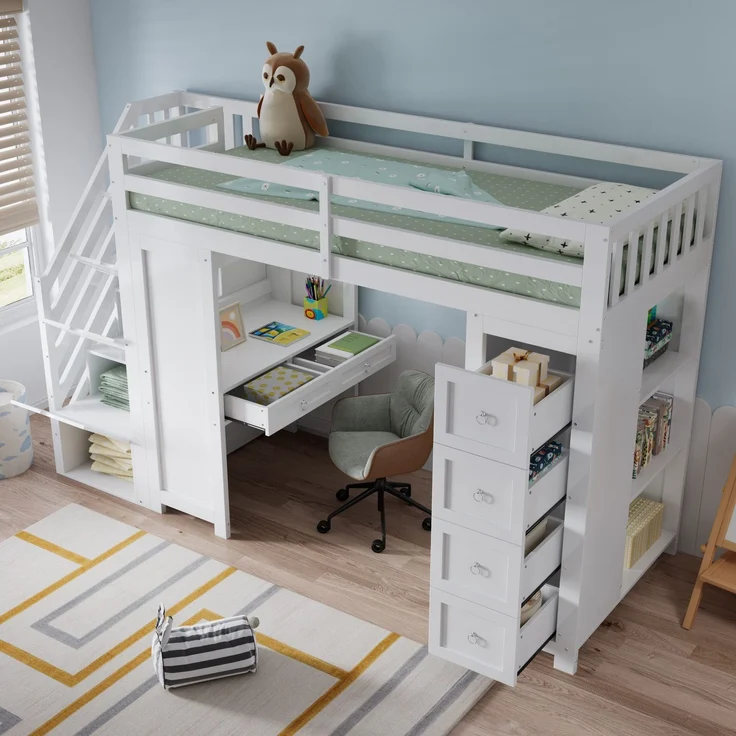Hochbett mit Schreibtisch, Regal, Schubladen, Treppe, Schrank, Lattenrost und Rausfallschutz, 90x200 cm, Holzbett – Bild 1