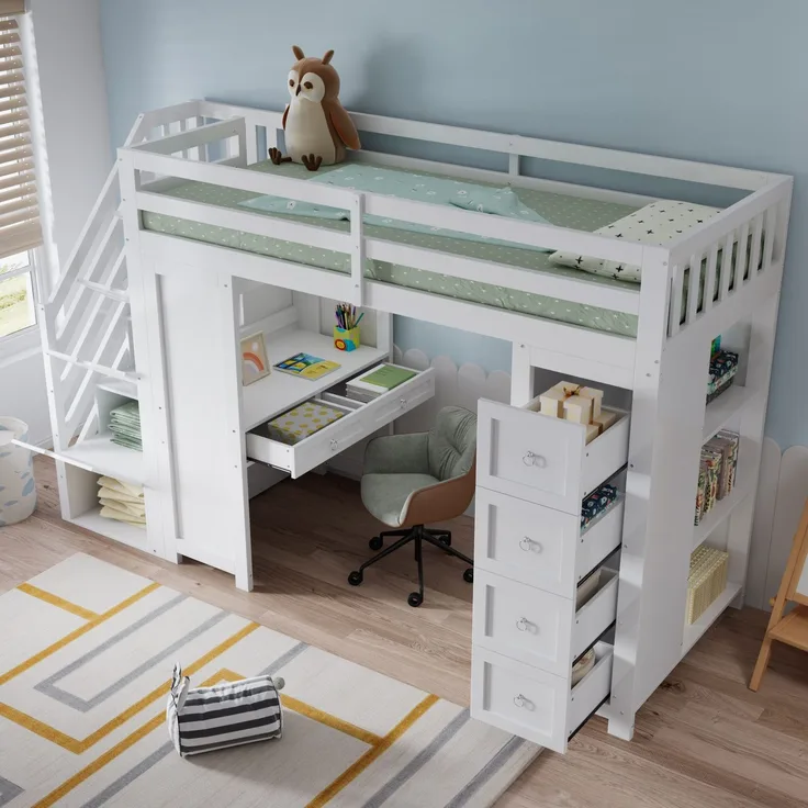Hochbett mit Schreibtisch, Regal, Schubladen, Treppe, Schrank, Lattenrost und Rausfallschutz, 90x200 cm, Holzbett