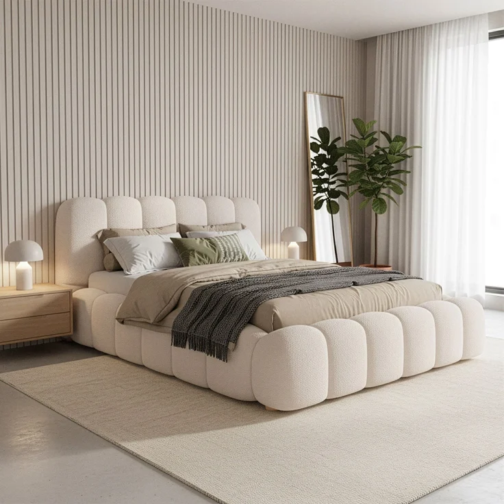 Juskys Polsterbett Catania - Bubble Design, gepolstertes Kopfteil, stabile Kontruktion - 140 x 200 cm - Creme – Bild 1