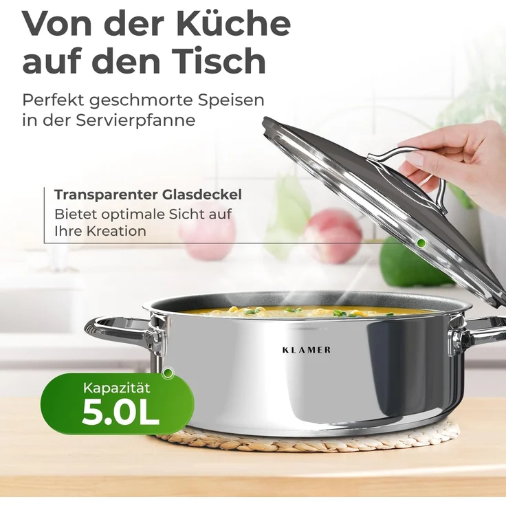 KLAMER Servierpfanne mit Deckel 28cm Induktion, antihaftbeschichteter Edelstahl Schmortopf…, Energiesparend, Güteglasdeckel, tropffrei abgießen – Bild 7