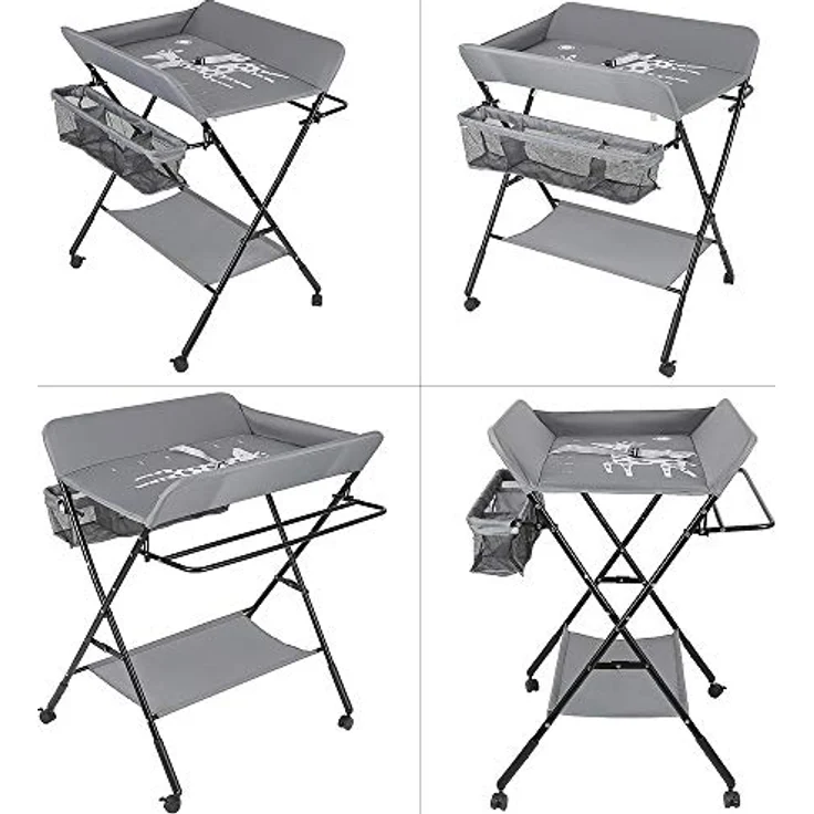 Baby Klappbarer Wickeltisch，Mobiler Wickeltisch mit Rollen und Wickelauflage,Wasserdicht und Höhenverstellbar，Baby Wickelkombi mit Ablagefächern-80 * 66 * 98cm grau – Bild 2