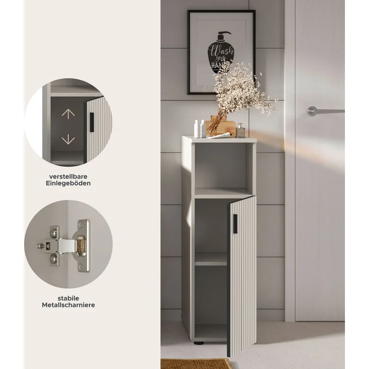 xonox. home – Badschrank Mone 30 x 95 x 30 cm in Kaschmir Nachbildung – Kompakter Standschrank mit 1 Tür & offenem Fach – Flexibler Türanschlag, Zeitloses Design & vielseitig kombinierbares Möbelstück – Bild 7