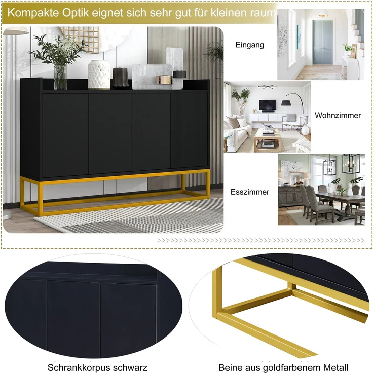 Sideboard mit Metallrahmen, 4 Türen, verstellbaren Regalen und schmaler Bauweise für Küche Wohnzimmer Flur Aufbewahrung,Schwarz – Bild 4