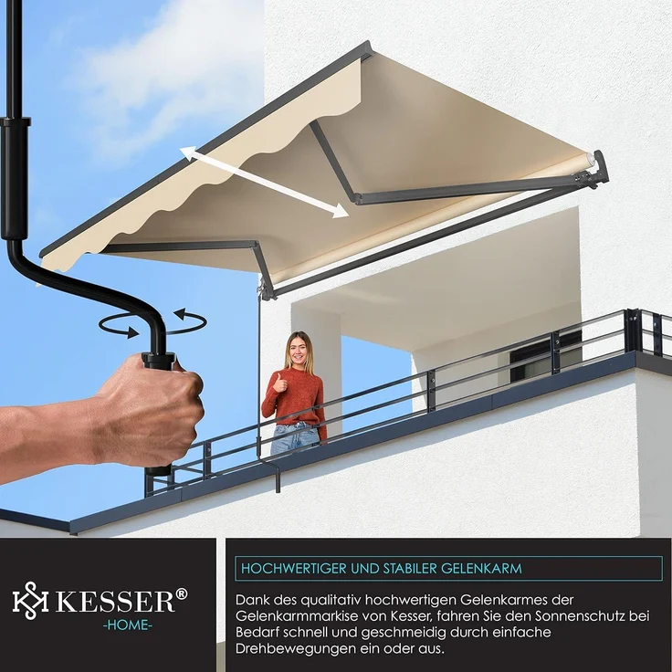 KESSER® Gelenkarmmarkise Markise Gelenkmarkise 300x250 cm Terrassenmarkise Klemmmarkise Sonnenmarkise inkl. Wandhalterung Sonnenschutz Balkonmarkise wasserabweisend Alu/Polyester, Beige – Bild 3