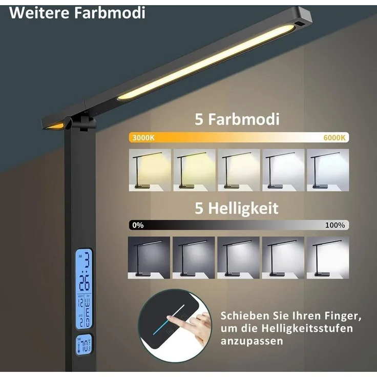 Forrlite LED Schreibtischlampe LED fest integriert LED Tischlampe Dimmbar, kabelloses Laden, USB-Ladefunktion, 3 Farbtemperaturmodi und 5 Helligkeitsstufen, Temperatur-, Alarm- & Kalenderfunktion
