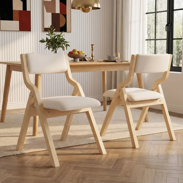 2 klappbare Esszimmerstühle, Esszimmerstühle aus Massivholz, bequem und atmungsaktiv, faltbar und verstaubar, geeignet für Esszimmer, Wohnzimmer, Café, moderner Stil, Leinen, Beige--Beige--55x49x81cm--YOUDENOVA