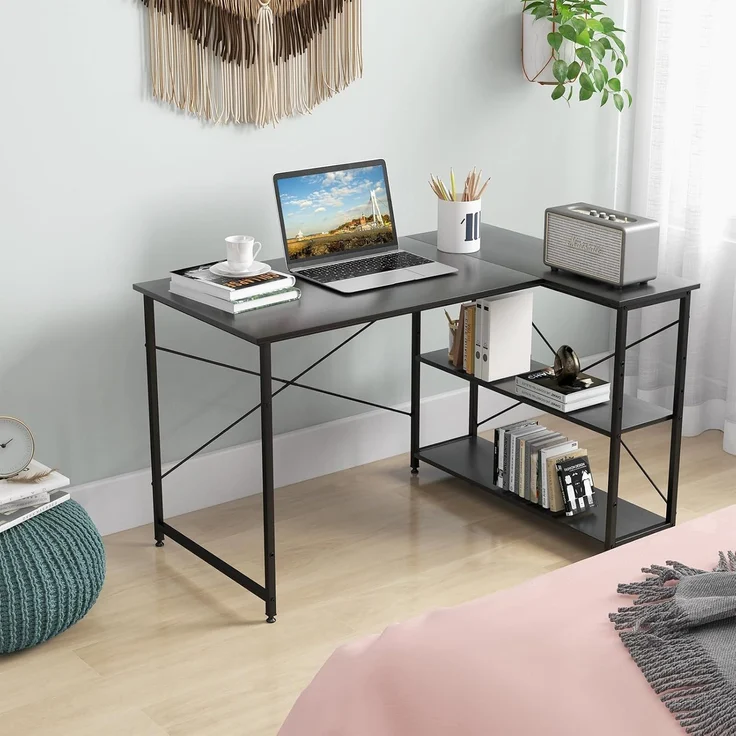 FANTASK Schreibtisch L-Form, Computertisch mit Regal rechts oder Links, Eckschreibtisch mit Ablagefächern, Ecktisch Bürotisch für Heimbüro, kleine Räume, 120 x 88 x 74,5 cm (Schwarz) – Bild 4