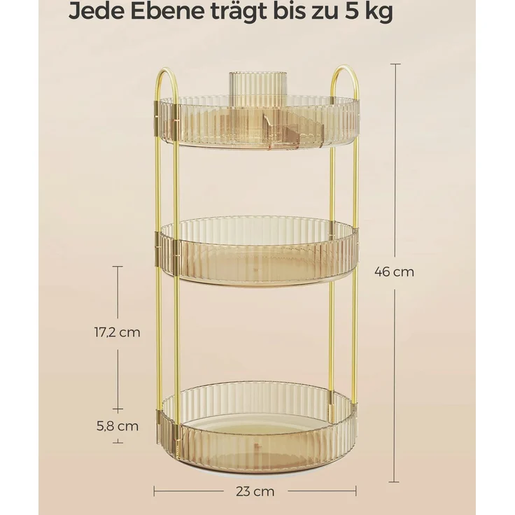 SONGMICS Make-up Organizer drehbar, Kosmetik-Organizer rund, 3 Ebenen, Kosmetik Aufbewahrung, anpassbar, für Schminktisch, Geschenkidee, champagnergold JKADE011A01 – Bild 5