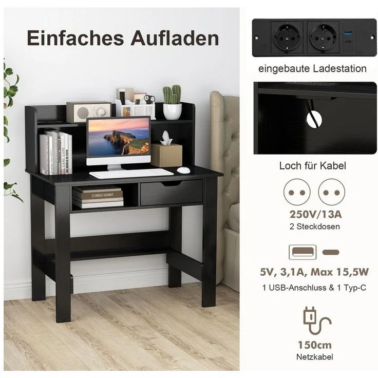 COSTWAY Schreibtisch, mit Steckdosen, Aufsatz, offenem Fach & Schublade – Bild 3