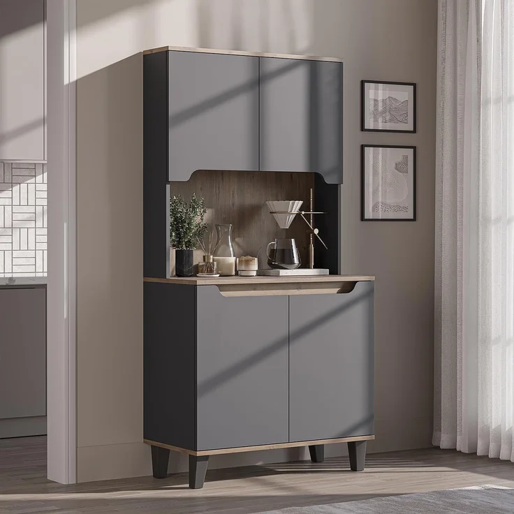 Roomart Küchenbuffet DEFNE mit Nische Kaffeebar Mikrowellenschrank Vorratsschrank, 5 Farben Offene Nische für Kaffeemaschine, 4 Türfächer – Bild 3