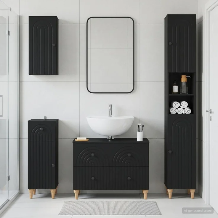 vidaXL 4-teiliges Badezimmer-Schrank-Set ALKMAAR Schwarz Holzwerkstoff 3417910 – Bild 1