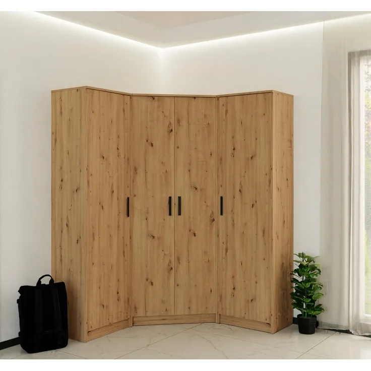Marmex Möbel Grant Set-47A Eckkleiderschrank-Set 3-teilig für Schlafzimmer & Ankleide – Eckschrank & 2 eintürige Kleiderschränke, laminierte Spanplatte, artisan, 143/143x195x40 cm