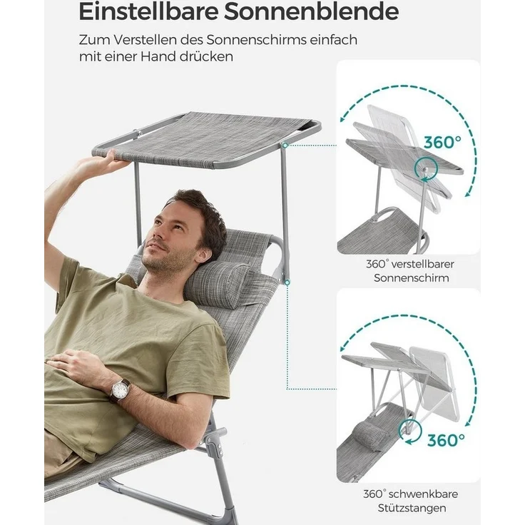 Songmics Gartenliege klappbar, mit Kopfstütze und verstellbarer Rückenlehne, 2x Sonnenliege, mit Seitentasche, Hellgrau, 53 x 193 x 29 cm – Bild 3