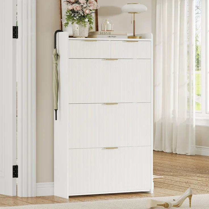 ZUBALIYA Schuhschrank (80 x 25 x 135 cm), 3 Klappfächer und 2 Schubladen, Aus Spanplatte, Stauraum für Flur und Eingangsbereich, Weiß – Bild 6