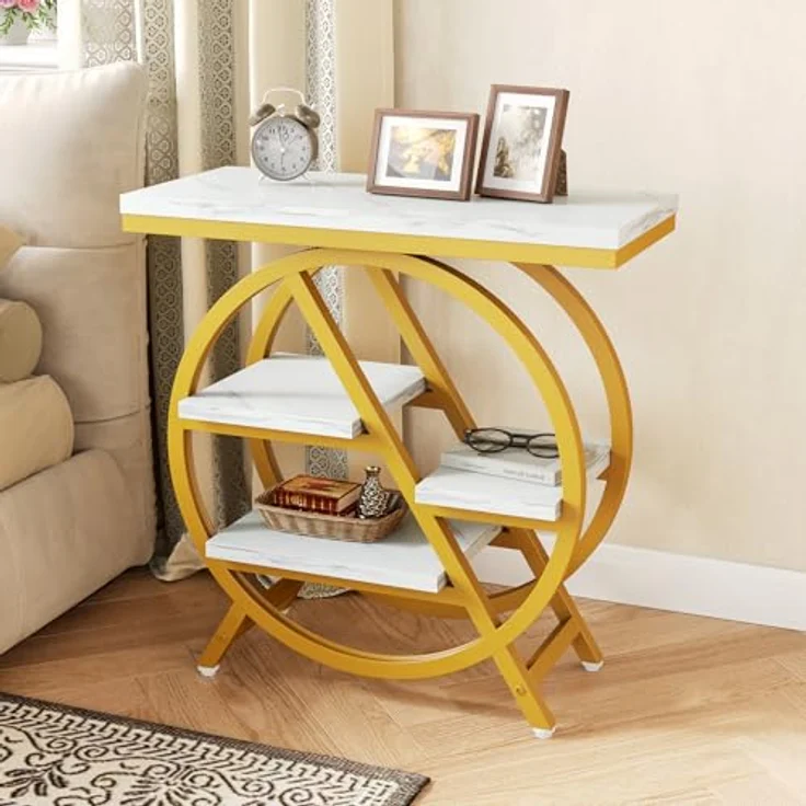 LITTLE TREE Beistelltisch, 4-stöckiger schmaler Beistelltisch aus Kunstmarmor mit großem Stauraum, moderner Nachttisch und Nachttisch für Wohnzimmer, Homeoffice, Schlafzimmer, Weiß und Gold – Bild 6