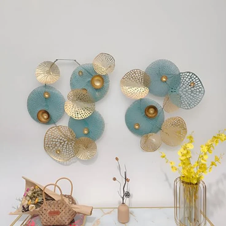 3D Wandbild "Lotus" aus Metall in gold / türkis, 125x60 cm, Wanddeko, Wandschmuck – Bild 5