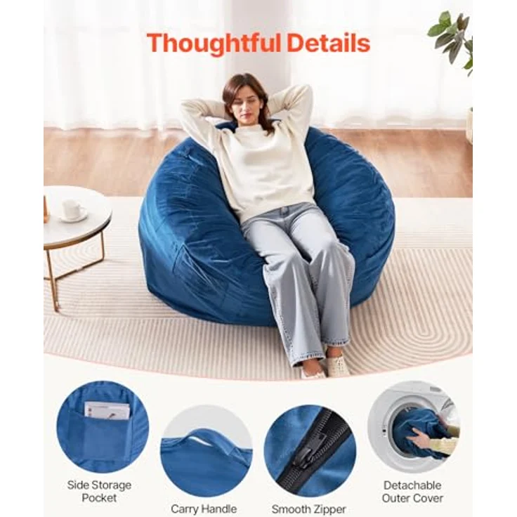 VEVOR runder Sitzsack Sitzkissen Bean Bag Erwachsene (1168 x 1168 x 635 mm) mit abnehmbarem & waschbarem Bezug, gefüllt mit niederländischem Samt & hochdichtem Schaumstoff, für Schlafzimmer Blau – Bild 7