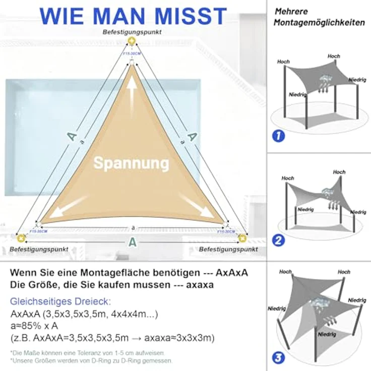 LOVE STORY Sonnensegel Wasserdicht 4 x 4 x 4 m Dreieckig PES Polyester Sonnenschutz Windschutz Balkon Terrasse 95% UV-Schut,für Balkon Garten,Sandbeige – Bild 6