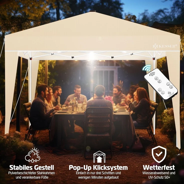 KESSER® Faltpavillon mit Tasche und Beleuchtung, wasserdicht und UV-Schutz 50+, Metall / Polyester beige, 300x300 cm – Bild 5