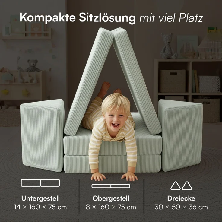 Bellabino 'Nile' Spielsofa, 4-tlg, Cord, türkis, faltbare Kindercouch, abnehmbarer & waschbarer Bezug, Kindersofa aus Schaumstoff – Bild 8