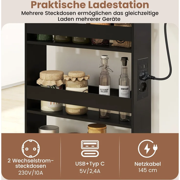 13 cm schlanker Aufbewahrungswagen mit Ladestation 4-stufiger rollbarer Küchenwagen mit Griff Schwarz – Bild 3