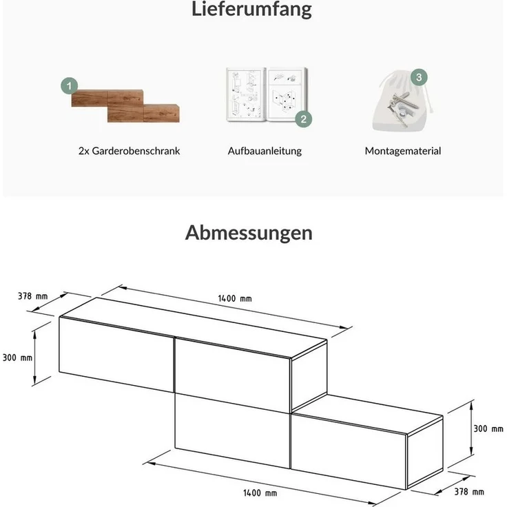 Planetmöbel Garderoben-Set Hängeschrank WEST 140 cm, (Garderobenschrank, Wandgarderobe hängend oder stehend), in verschiedenen Farben – Bild 3