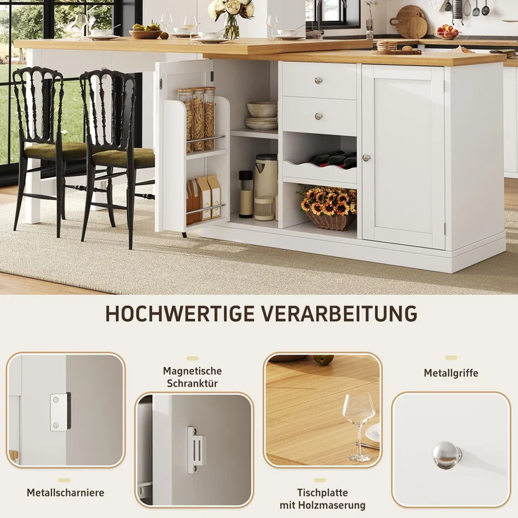 Merax Ausziehbarer Kücheninsel-Esstisch 120-197cm, 360° drehbar, mit Weinregal & Snack-Regalen, magnetische Türen, Weiß, belastbar bis 60kg – Bild 7