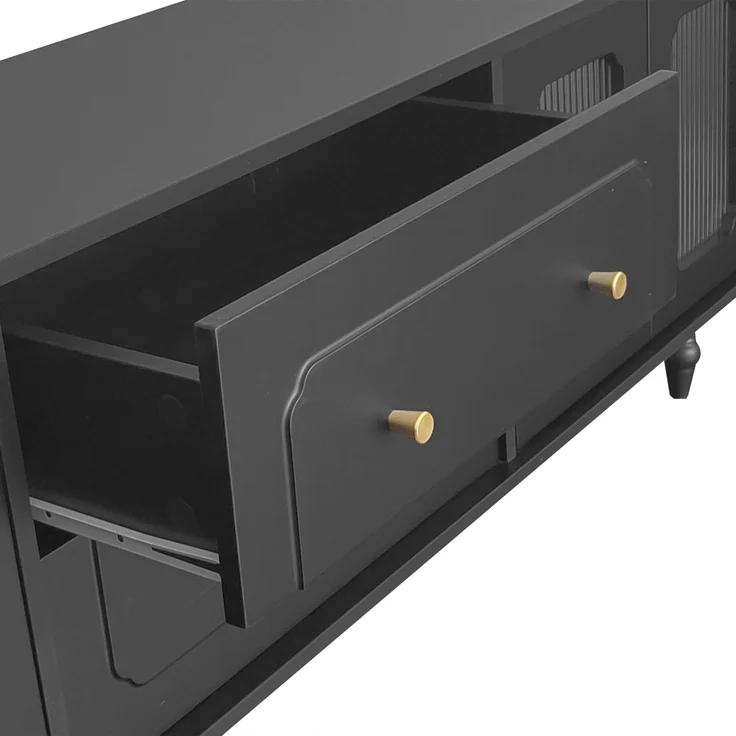 Lowboard 175x38x55,5 cm mit geriffelten Glastüren und goldenen Griffen – elegantes TV-Möbel – Bild 9