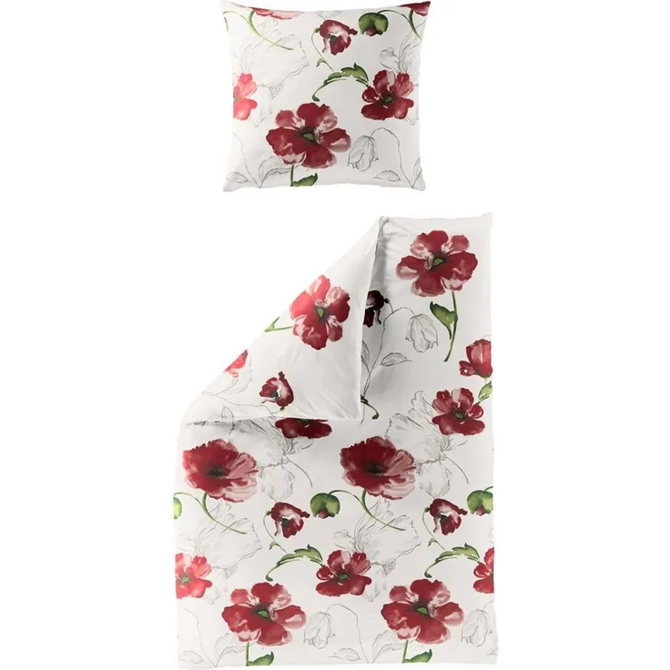 Traumschloss Bettwäsche Baumwolle, Seersucker, 2 teilig, rote Blumen auf weißem Hintergrund