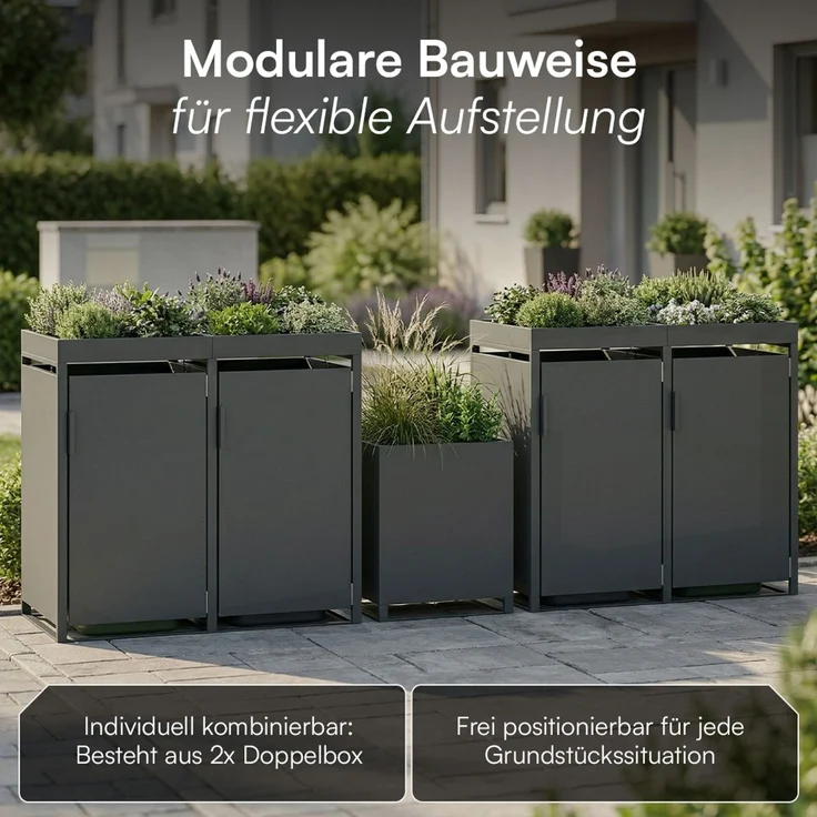 STEELSØN 'Thoria' Mülltonnenbox 4er je 120 Liter, anthrazit, Mülltonnenverkleidung aus Stahl, wetterfest, 111x62x234 cm, Müllbox mit Pflanzendach für 4 Tonnen – Bild 8