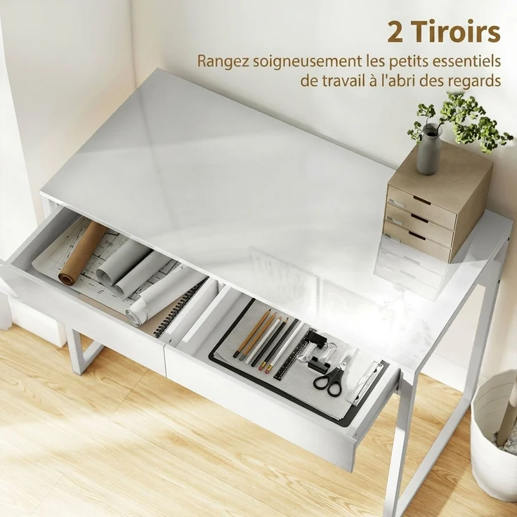 Schreibtisch mit 2 Schubladen, Computertisch 100 x 50 cm, moderner Schreibtisch mit Stahlgestell, für kleine Räume, Hochglanzweiß – Bild 7