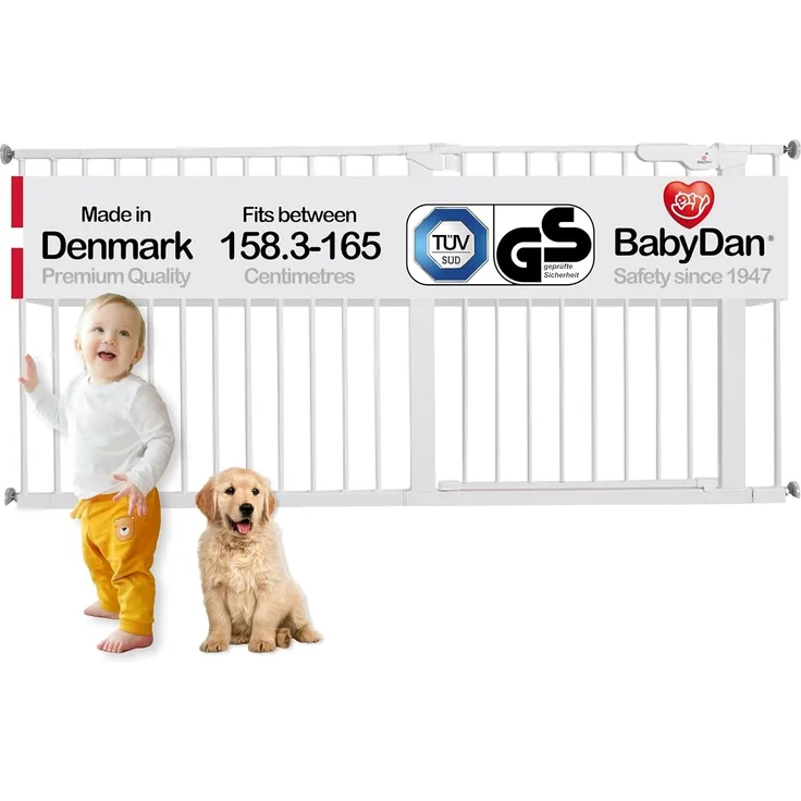 BabyDan Premier, extra breites Druck-fit-Treppenschutzgitter, deckt Öffnungen zwischen 158,3-165 cm ab, Babygitter/Sicherheitsgitter, Metall, weiß, hergestellt in Dänemark -