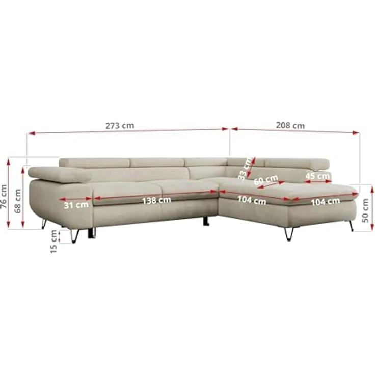 Mks Möbel 'Peter L-form' Ecksofa mit Bettfunktion, Bettkasten & einstellbaren Kopfstützen, Beige, Velours, rechts – Bild 4
