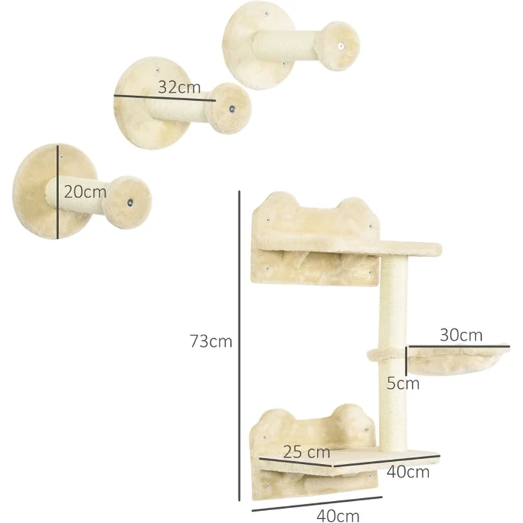 JARDJ Kletterstufen, Kletterwand, Katzentreppe, 4-tlg Set, mit Kratzbaum, Hängematte, beige+cremeweiß, 40 x 28 x 73cm – Bild 3