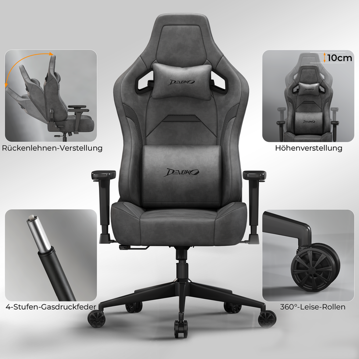 Gaming-Stuhl mit luxuriösem Wildlederimitat – ergonomisch, großzügige Sitzfläche, verstellbare Rückenlehne 90°–135°, 3D-Armlehnen,Grau – Bild 6
