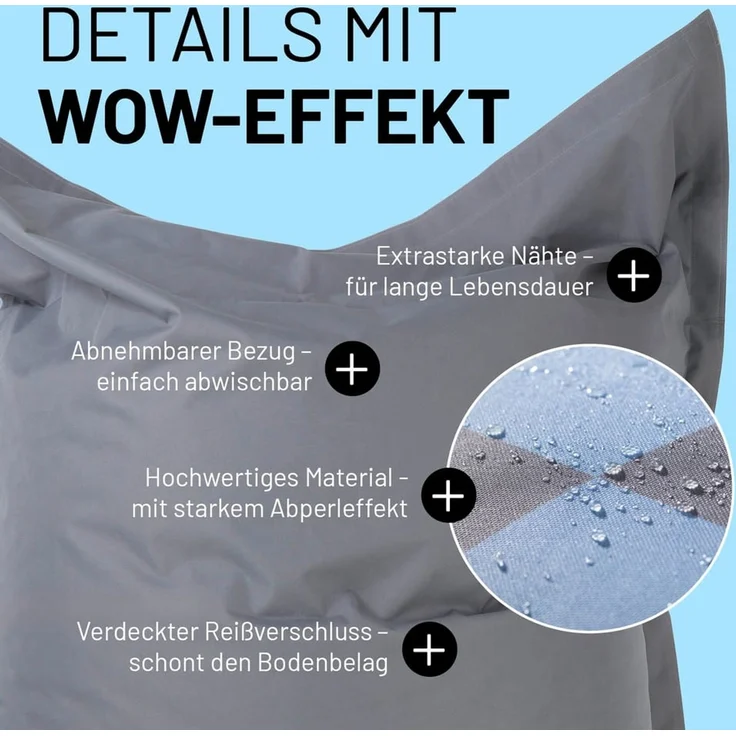Lumaland 'Karo' Sitzsack XXL für Outdoor & Indoor, Polyester, Blau/Grau, 380 l – Bild 8