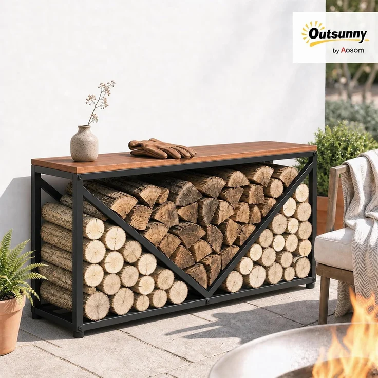 Outsunny Brennholzregal, Metall, Schwarz, 98L x 28B x 50H cm – Bild 2