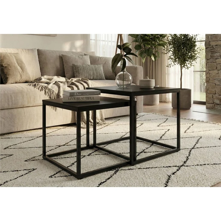 Home Collective Couchtisch Kleiner 2er Set aus Holz, Wohnzimmertisch Modern (Beistelltisch Set 2 in 1 mit Metallgestell, Büro Beistelltisch Loft Design TWIN, kratzfeste Oberfläche, Set 2 in 1), Quadratisch in Schwarz, für Wohnzimmer – Bild 4
