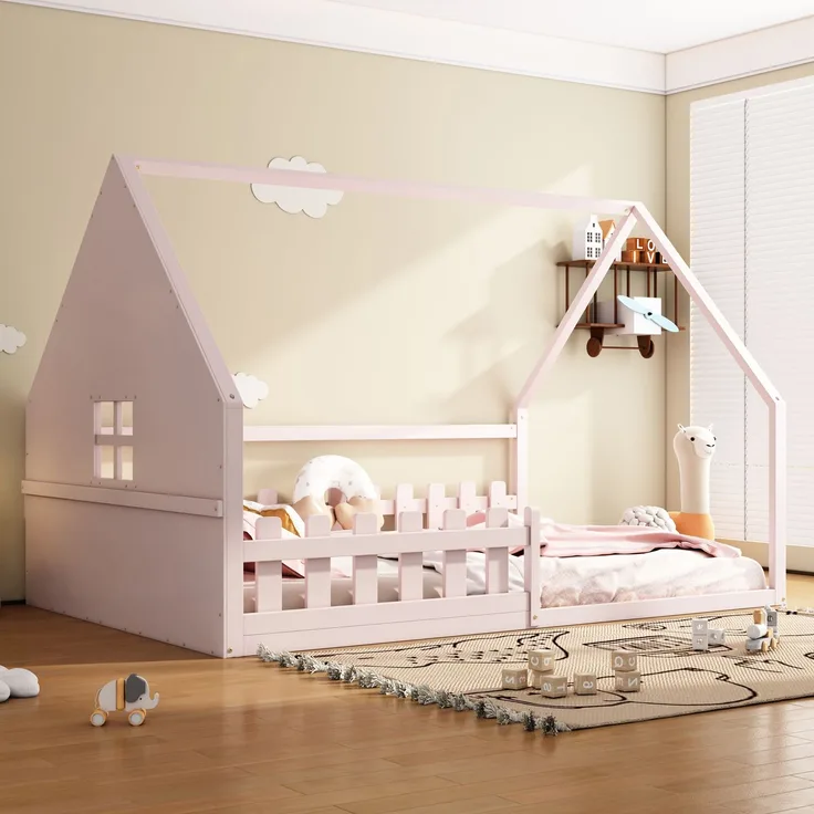 Kinderbett Hausbett 140x200 cm mit Geländer,Montessori Holzbett aus Kiefernholz, Kinder Haus-Bett mit Dachrahmen,Rosa
