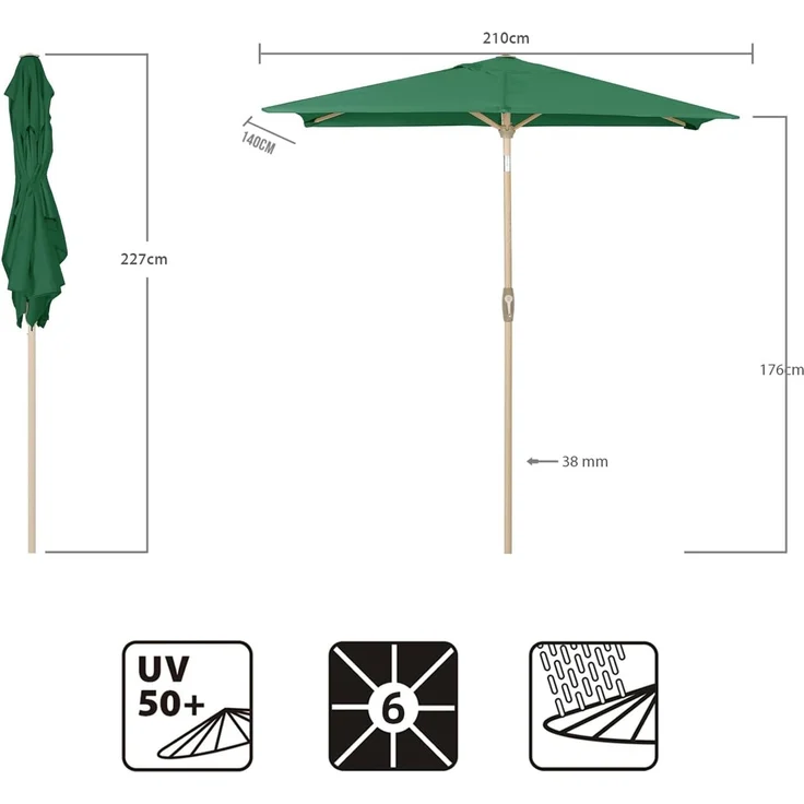 Sekey Sonnenschirm mit Kurbel und UV50+, knickbar, Aluminium grün / natur, 210 x 140 cm – Bild 3