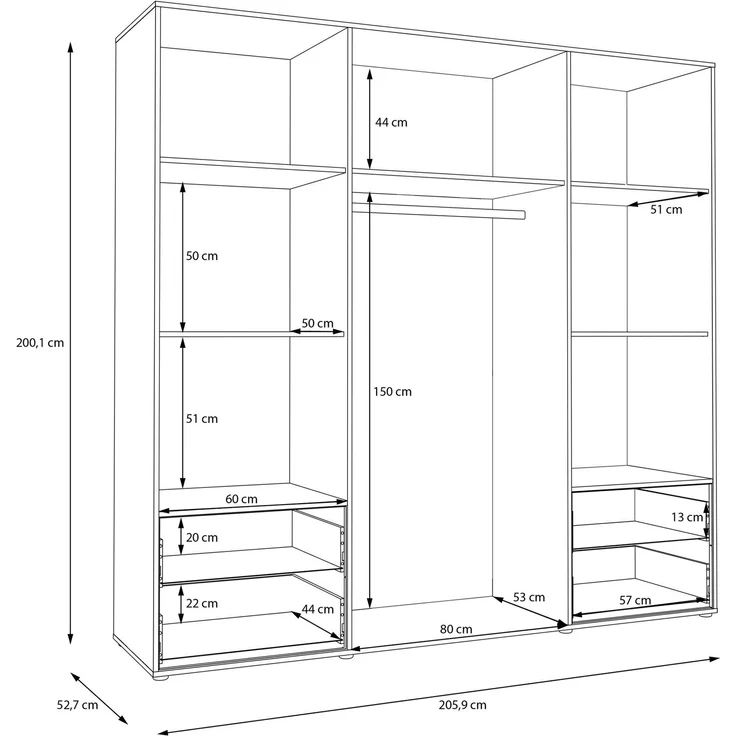 Forte MOKKARO Kleiderschrank 200, moderner Drehtürenschrank, 4-türig, 4 Schubladen, Spiegel, Mauvella Eiche Holzdekor|Kaschmir Beige, 205,9 cm breit x 200,1 cm hoch x 52,7 cm tief – Bild 7