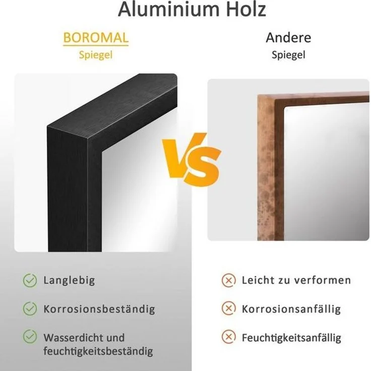 Boromal Wandspiegel Spiegel Schwarz Bad Wand Metall Rahmen 50x70 80x60 100x60 120x70 eckig (Badspiegel Badezimmerspiegel, HD Kupfer- und bleifreier Spiegel, mit Metall Haken), Vertikal Horizontal möglich, Freistehend,Wand montierbar – Bild 4