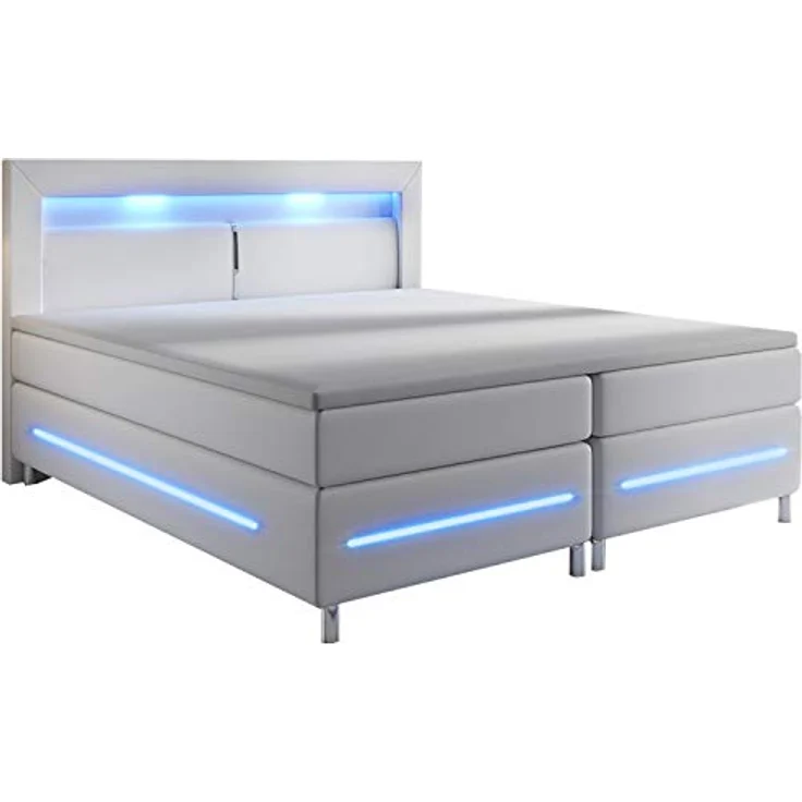 Juskys Norfolk Boxbett, Weiß, 200x200 cm, mit LED-Beleuchtung, zwei Bonell Federkernmatratzen und Topper, ideales Doppelbett für angenehmen Schlaf – Bild 1