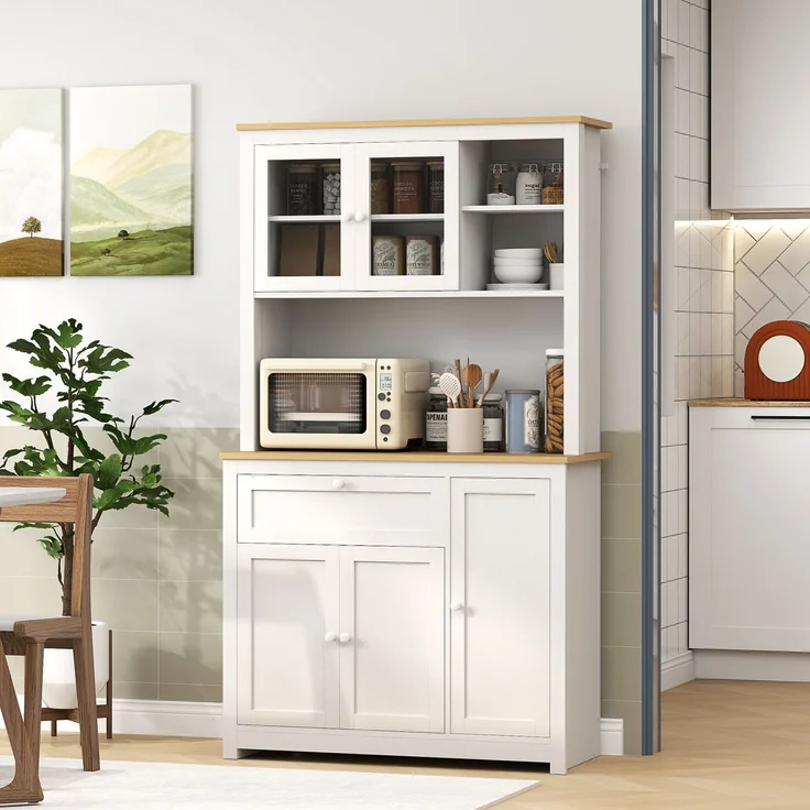 MELAYR, Küchenschrank im Landhausstil, 1 Vitrine, 1 offenes Regal, 1 Schublade, 2 Schränke, 100 x 40 x 180 cm, Weiß – Bild 4