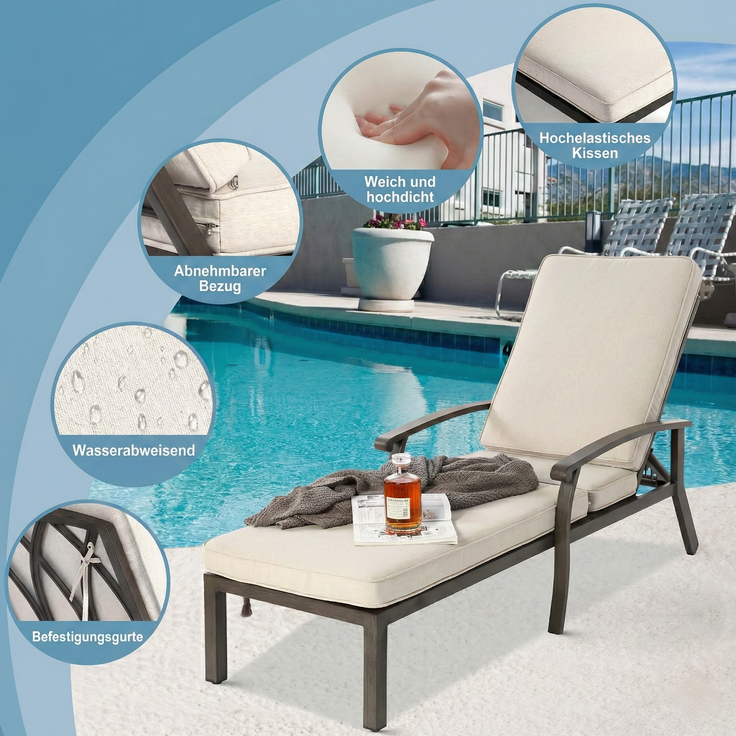 LVHOM Luxus Sonnenliegen 1 St, Verstellbare Aluminium-Liege mit Kissen, Gartenliege Rostfrei/wasserfest, 60 x 183 x 39 cm – Bild 7