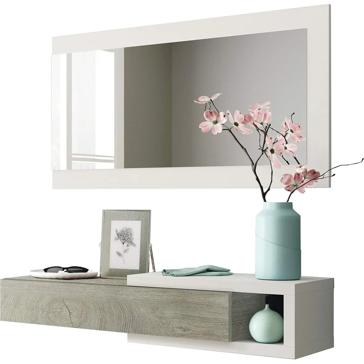 Flur mit Schublade und Spiegel, Eingangsmöbel, Modell Noon, Ausführung in Artik White und Alaska Oak, Maße: 95 cm (Breite) x 19 cm (Höhe) x 26 cm (Tiefe) – Bild 1