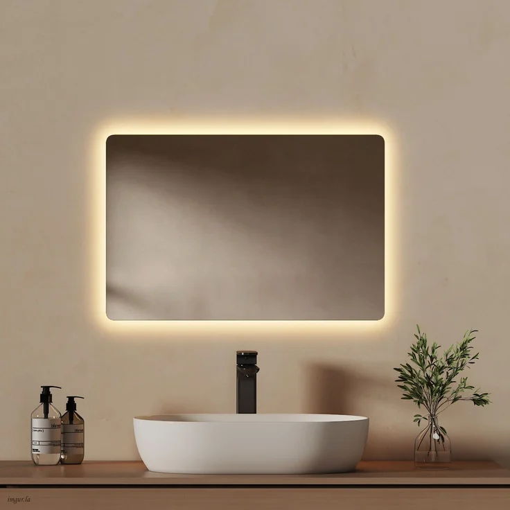 EMKE LED Badspiegel mit Beleuchtung Kaltweiß/Warmweiß Beschlagfrei 60x40cm Knopfschalter Wandspiegel – Bild 2